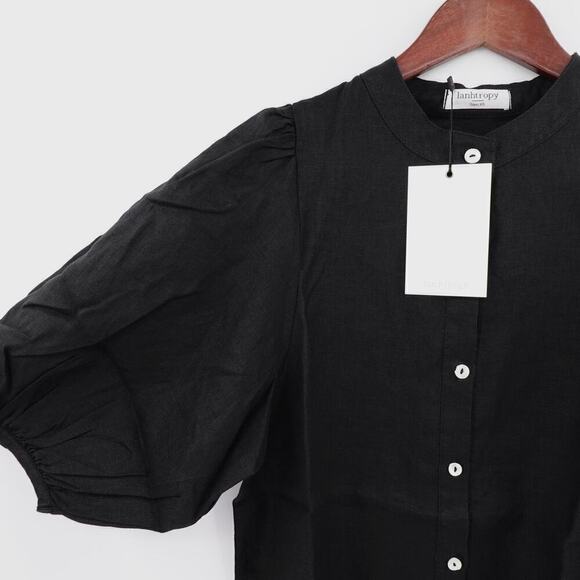 Lanhtropy Linen Shirt Womens XS Black Bubble Sleeves Oversized Langenlook - Picture 6 of 16